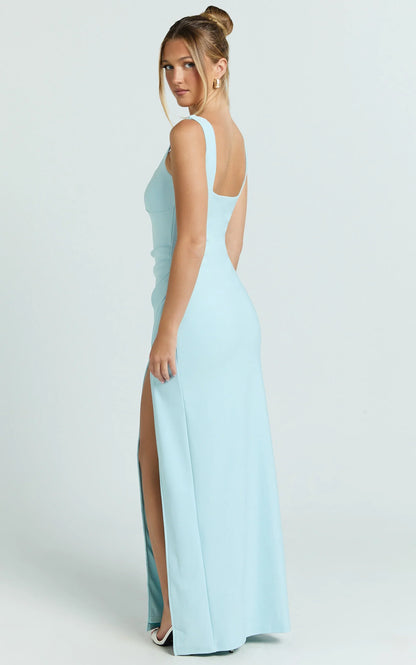 Elegant Sheath Square Neck Ruched Slit Floor Length Evening Dress