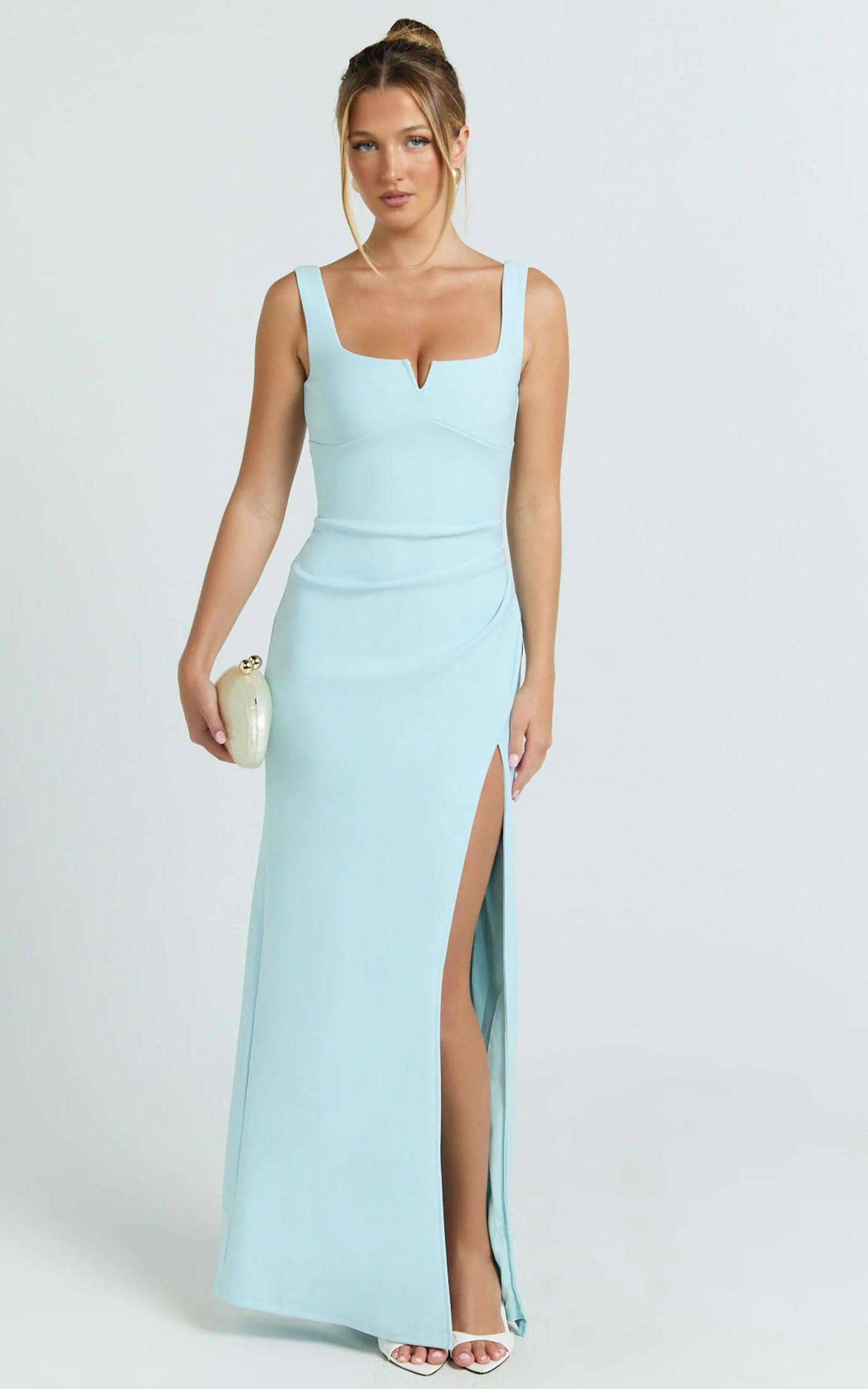 Elegant Sheath Square Neck Ruched Slit Floor Length Evening Dress