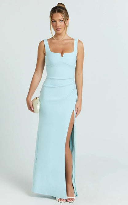 Elegant Sheath Square Neck Ruched Slit Floor Length Evening Dress