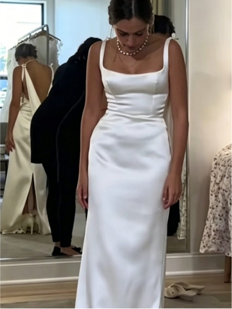 Sleek Satin Sheath Square Neck Open Back Draped Floor Length Prom Dress