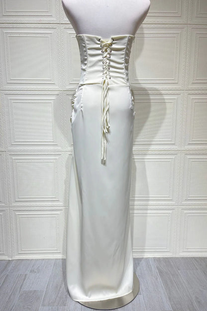 Sleek Satin Sheath Strapless Corset Knot Slit Floor-Length Prom Dress