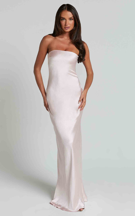 Form-Fitting Strapless Cowl Back Floor Length Satin Evening Dress