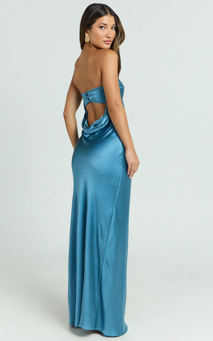 Elegant Satin Sheath Strapless Cowl Back Floor Length Evening Dress