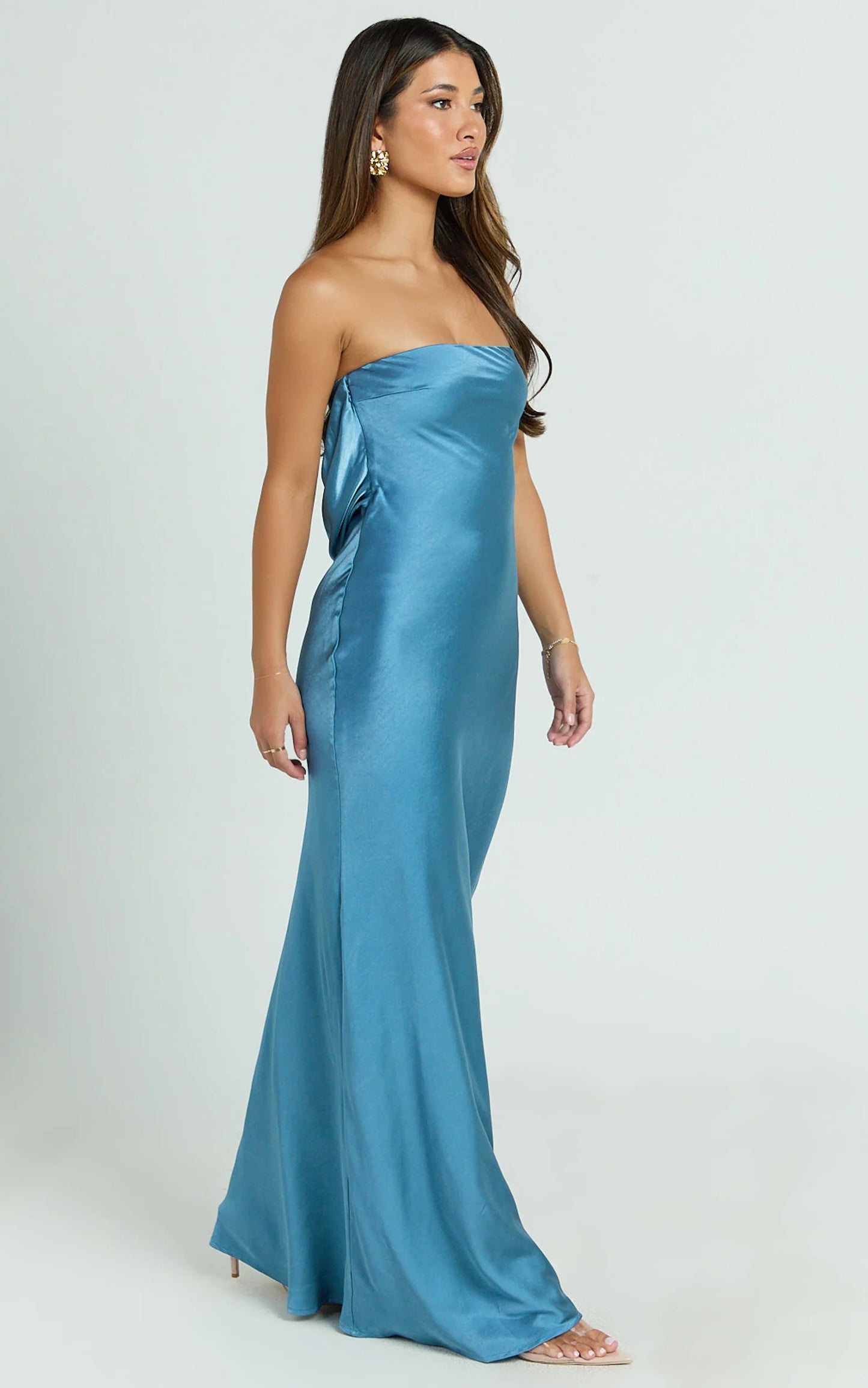 Elegant Satin Sheath Strapless Cowl Back Floor Length Evening Dress