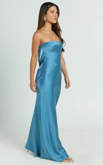 Elegant Satin Sheath Strapless Cowl Back Floor Length Evening Dress