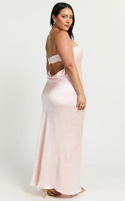 Elegant Satin Sheath Strapless Cowl Back Floor Length Evening Dress