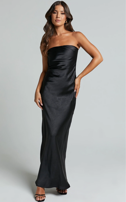 Elegant Satin Sheath Strapless Cowl Back Floor Length Evening Dress