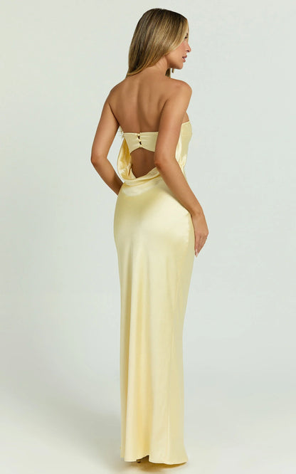 Elegant Satin Sheath Strapless Cowl Back Floor Length Evening Dress