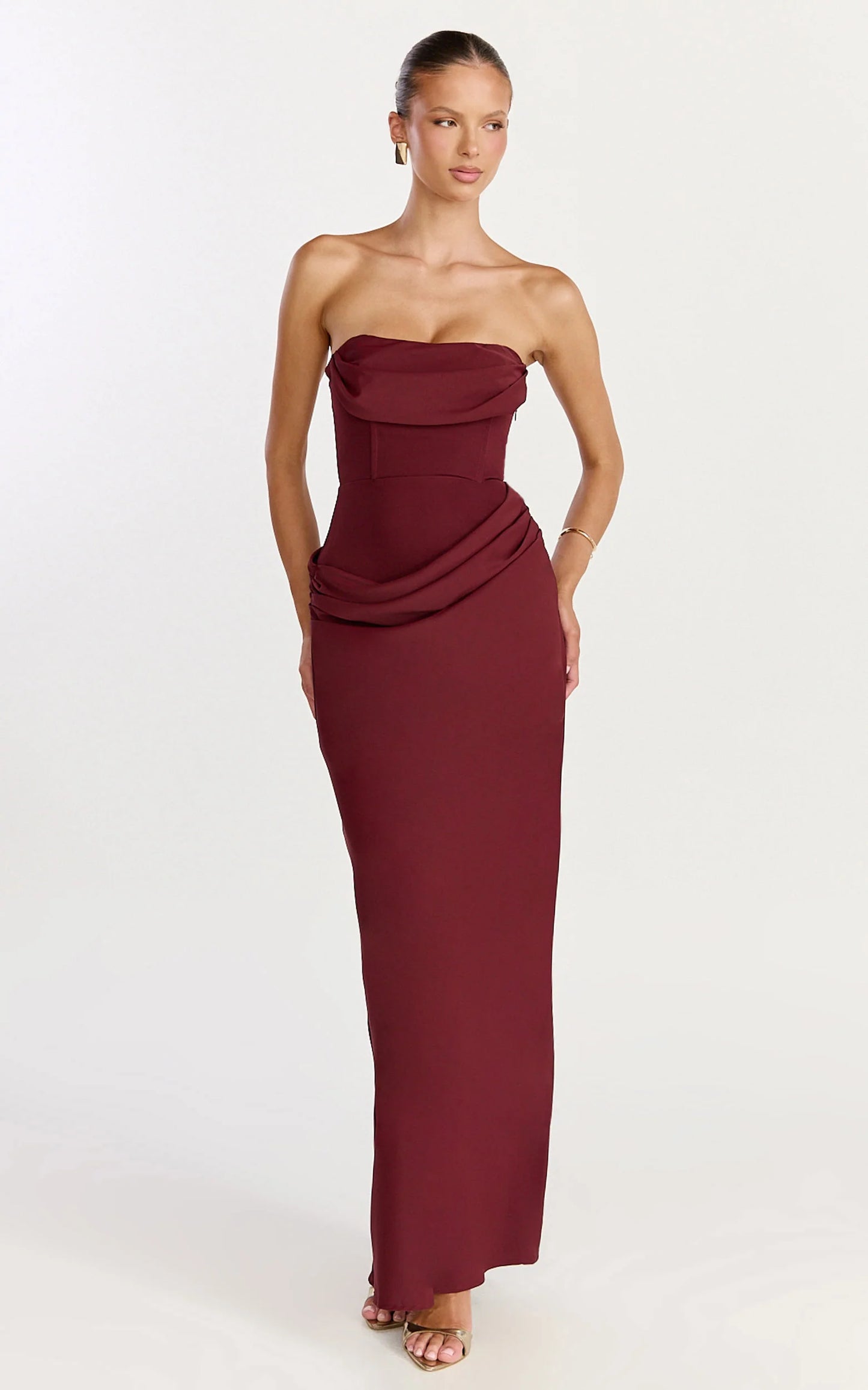 Elegant Sheath Strapless Cowl Neck Ruched Waist Draped Floor Length Evening Dress