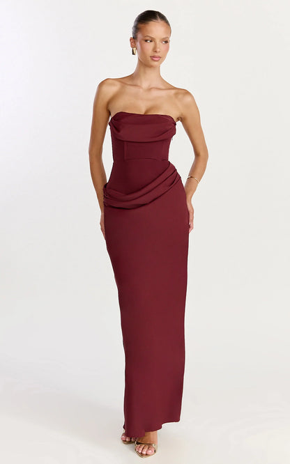 Elegant Sheath Strapless Cowl Neck Ruched Waist Draped Floor Length Evening Dress