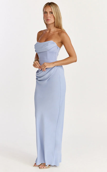 Elegant Sheath Strapless Cowl Neck Ruched Waist Draped Floor Length Evening Dress