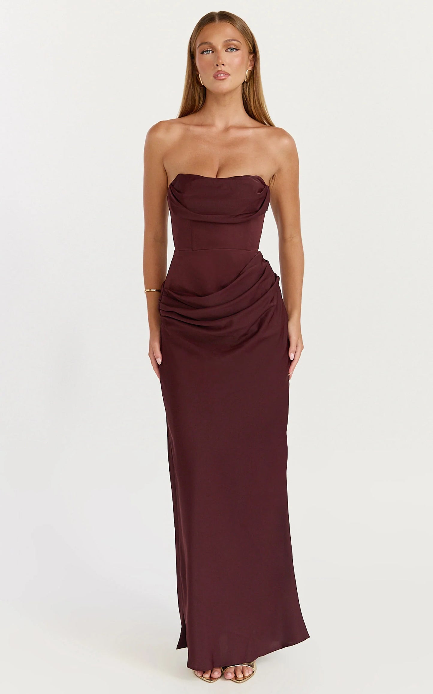 Elegant Sheath Strapless Cowl Neck Ruched Waist Draped Floor Length Evening Dress