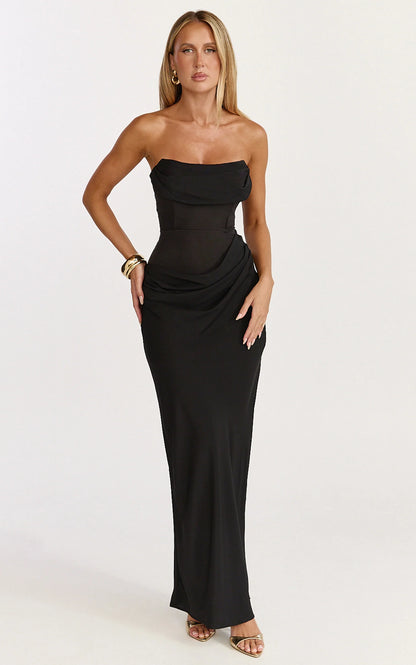 Elegant Sheath Strapless Cowl Neck Ruched Waist Draped Floor Length Evening Dress
