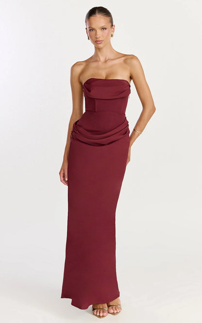 Elegant Sheath Strapless Cowl Neck Ruched Waist Draped Floor Length Evening Dress