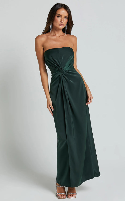 Form-Fitting Strapless Knot-Front Slit Floor Length Satin Evening Dress