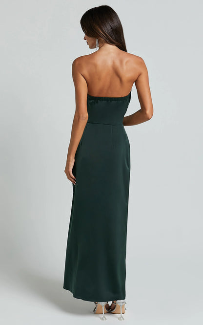 Lustrous Satin Sheath Strapless Knot-Front Slit Floor-Length Evening Dress