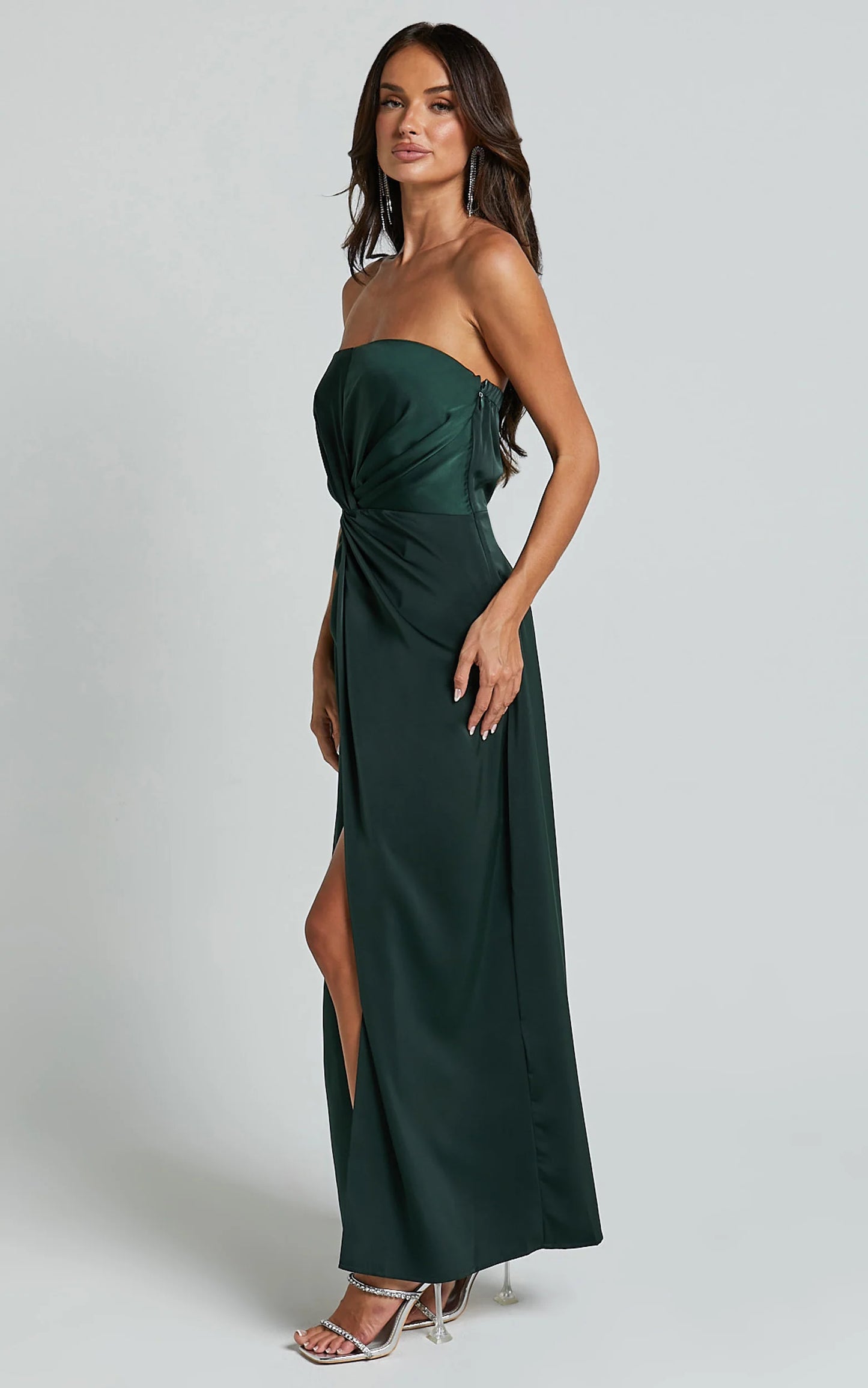 Lustrous Satin Sheath Strapless Knot-Front Slit Floor-Length Evening Dress