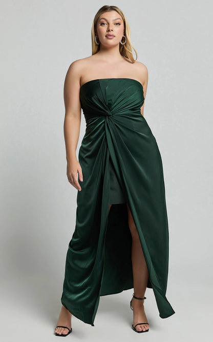 Lustrous Satin Sheath Strapless Knot-Front Slit Floor-Length Evening Dress
