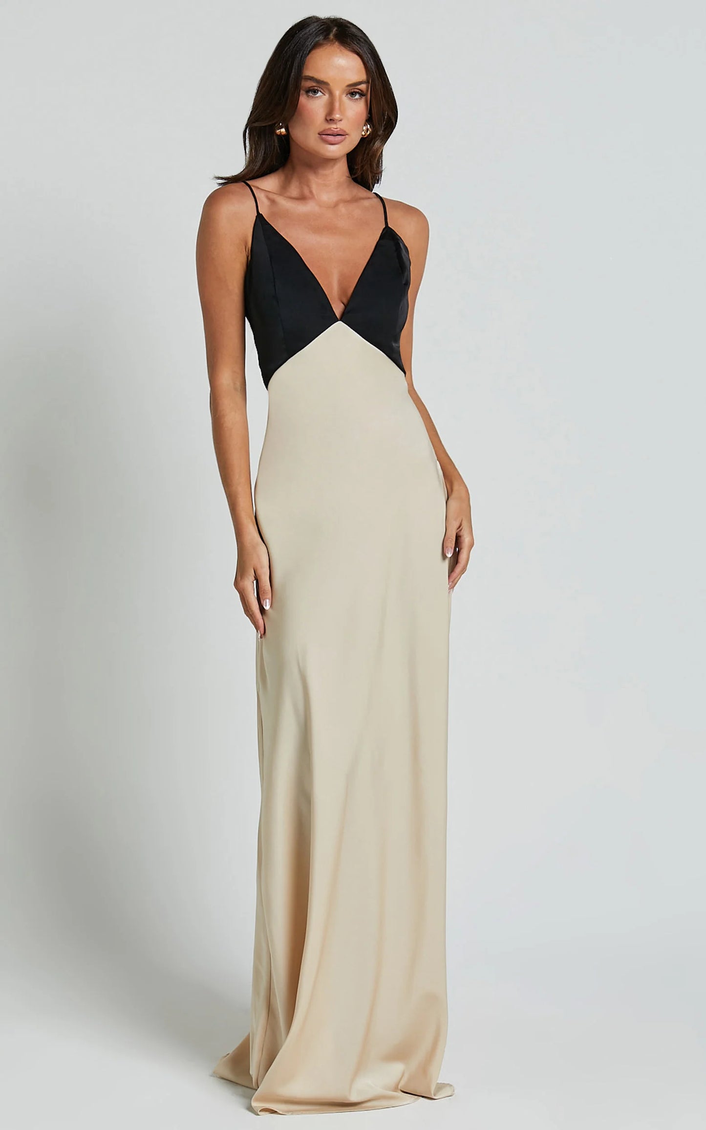 Lustrous Satin Sheath V-Neck Spaghetti Strap Two-Tone Floor-Length Evening Gown