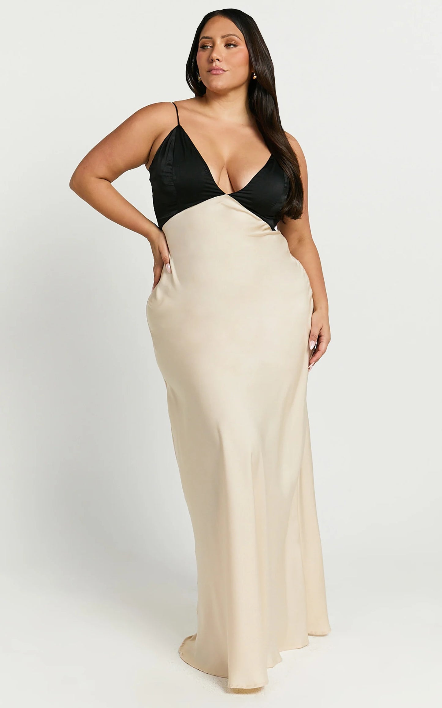 Lustrous Satin Sheath V-Neck Spaghetti Strap Two-Tone Floor-Length Evening Gown
