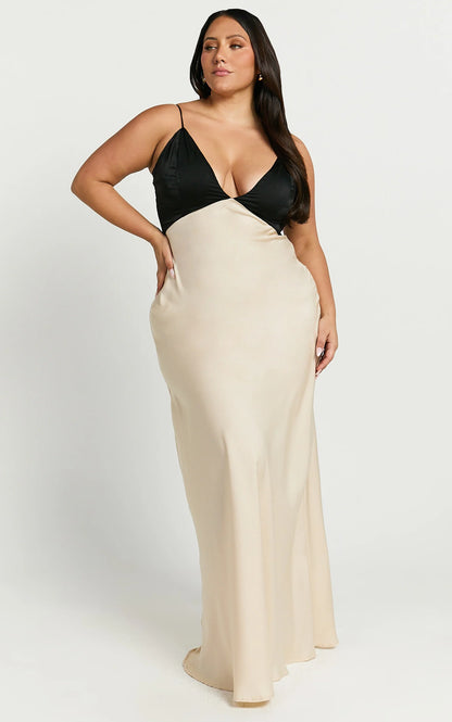 Lustrous Satin Sheath V-Neck Spaghetti Strap Two-Tone Floor-Length Evening Gown