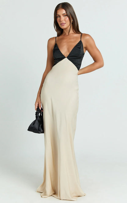 Lustrous Satin Sheath V-Neck Spaghetti Strap Two-Tone Floor-Length Evening Gown