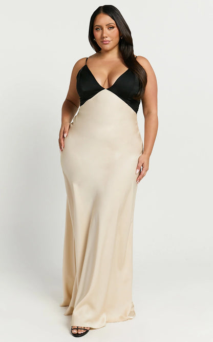 Lustrous Satin Sheath V-Neck Spaghetti Strap Two-Tone Floor-Length Evening Gown