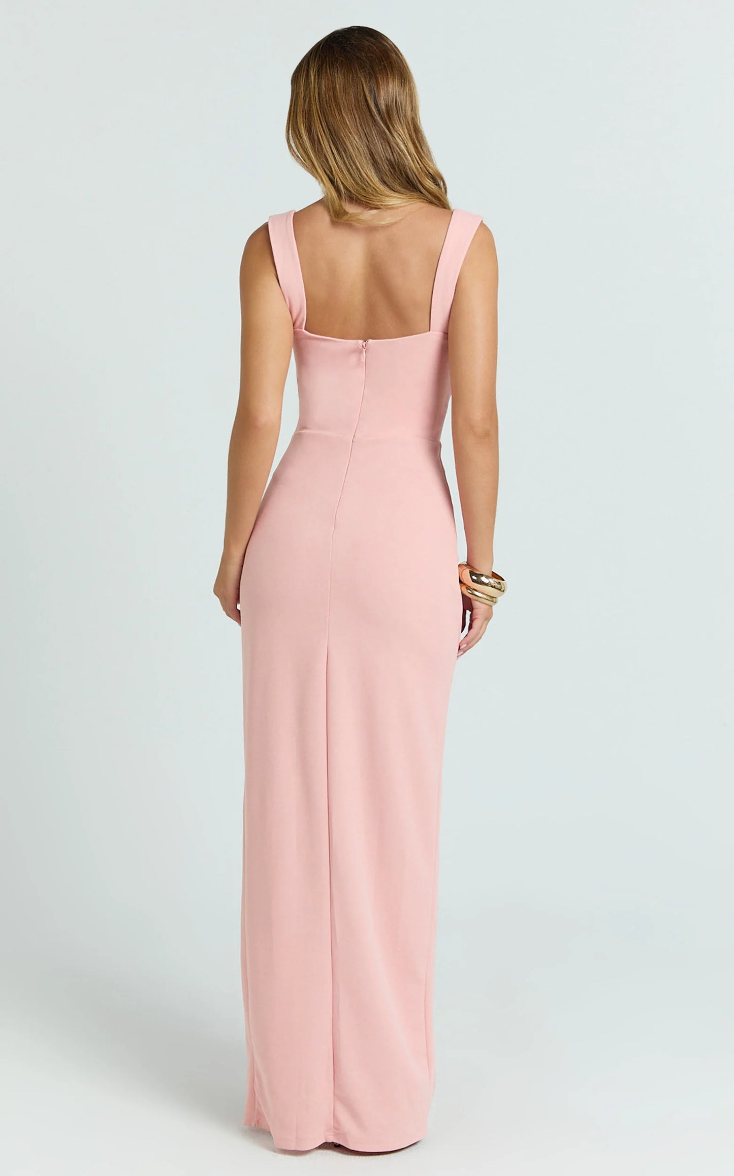 Form-Fitting Wide Strap Cowl Neck Slit Floor Length Evening Dress