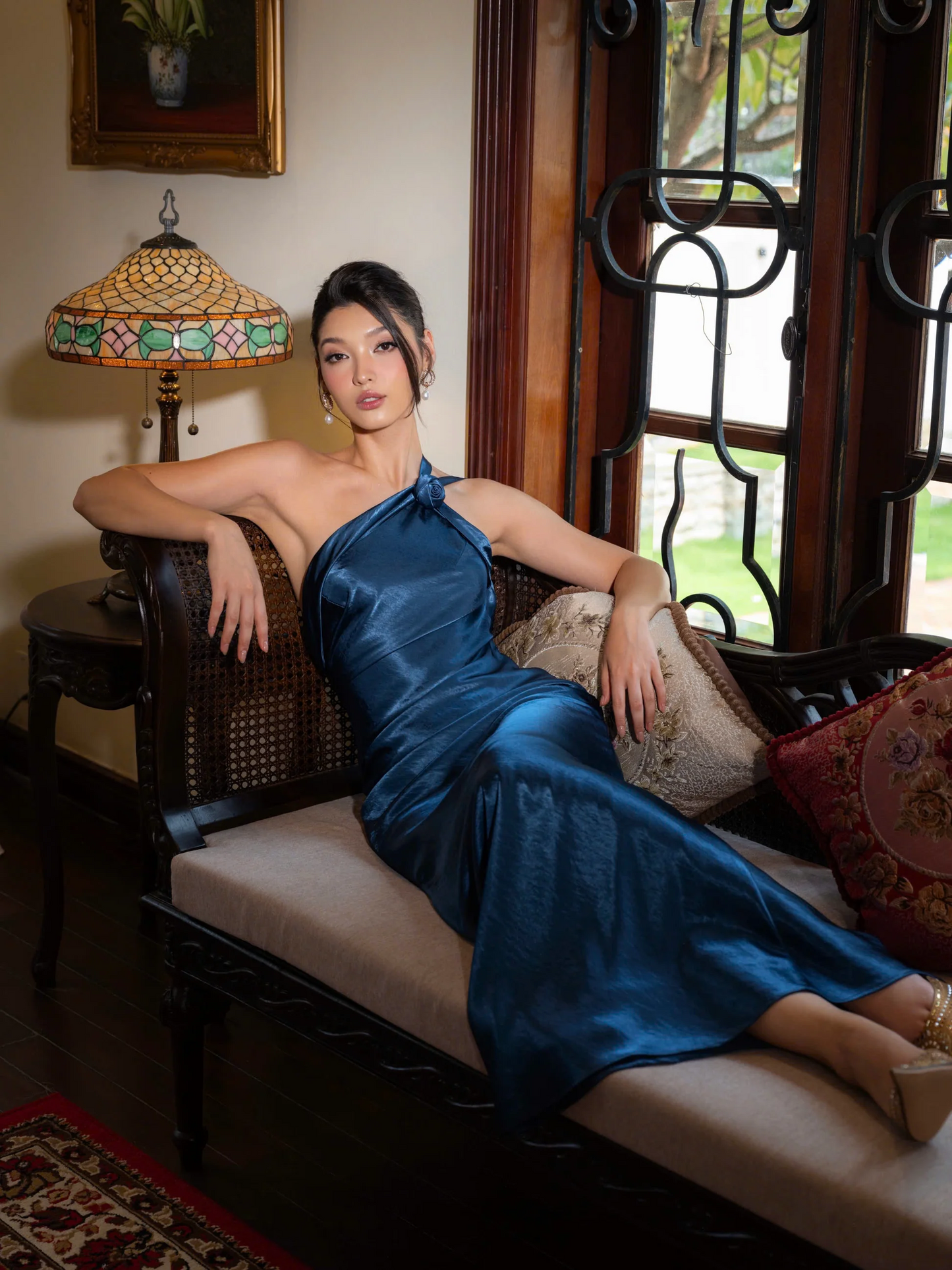 Form-fitting mermaid one-shoulder open-back floor-length evening dress