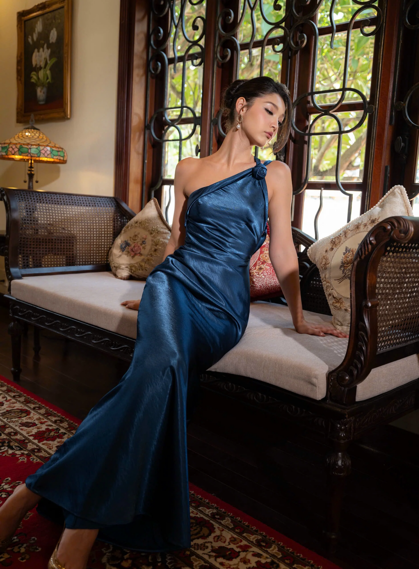 Form-fitting mermaid one-shoulder open-back floor-length evening dress