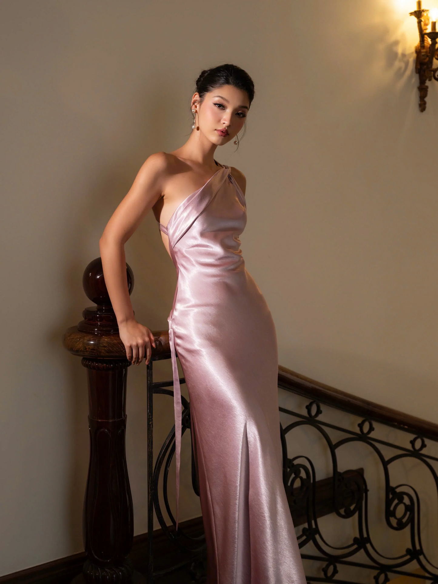 Form-fitting mermaid one-shoulder open-back floor-length evening dress