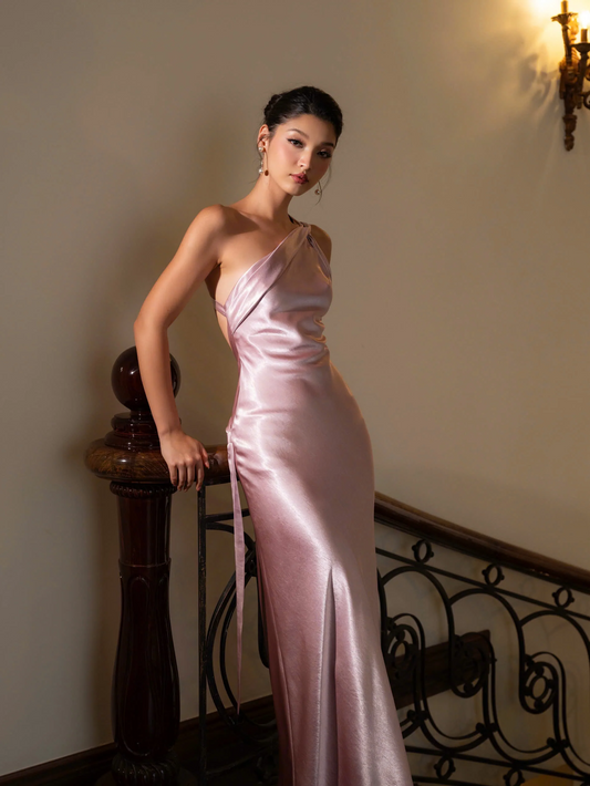 Form-fitting mermaid one-shoulder open-back floor-length evening dress