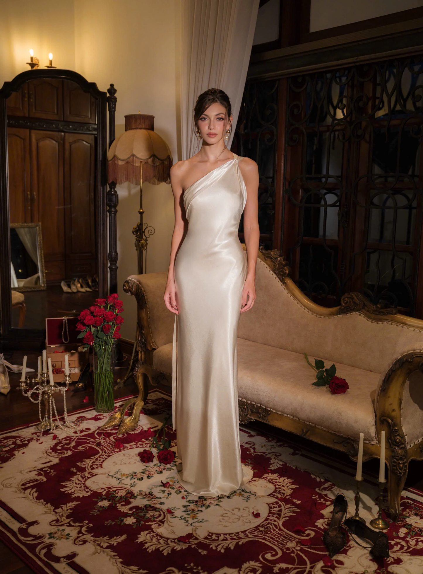 Form-fitting mermaid one-shoulder open-back floor-length evening dress