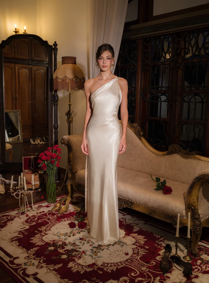 Form-fitting mermaid one-shoulder open-back floor-length evening dress