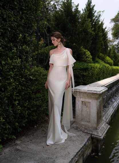 Form-fitting mermaid one-shoulder ruffled overlay floor-length evening dress