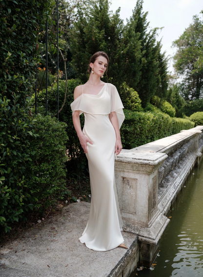 Form-fitting mermaid one-shoulder ruffled overlay floor-length evening dress