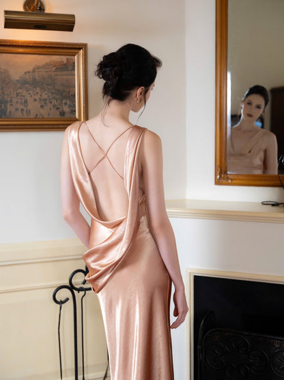 Form-fitting slip cowl neck sleeveless open-back floor-length evening dress
