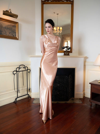 Form-fitting slip cowl neck sleeveless open-back floor-length evening dress
