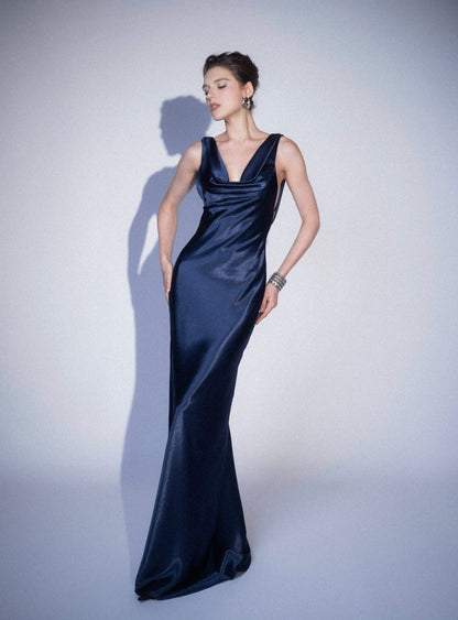 Form-fitting slip cowl neck sleeveless open-back floor-length evening dress