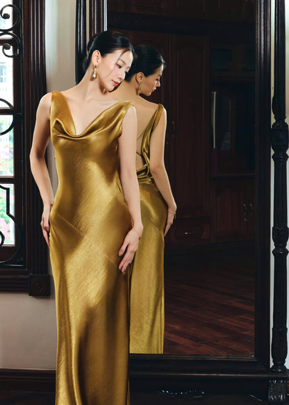 Form-fitting slip cowl neck sleeveless open-back floor-length evening dress