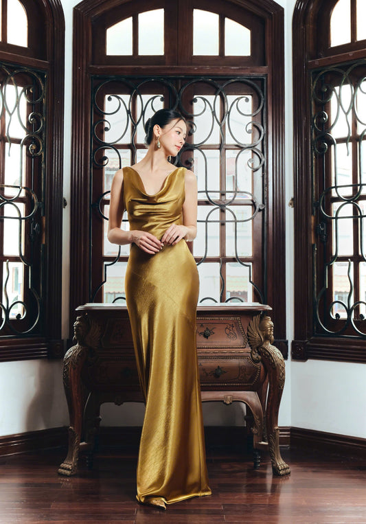 Form-fitting slip cowl neck sleeveless open-back floor-length evening dress