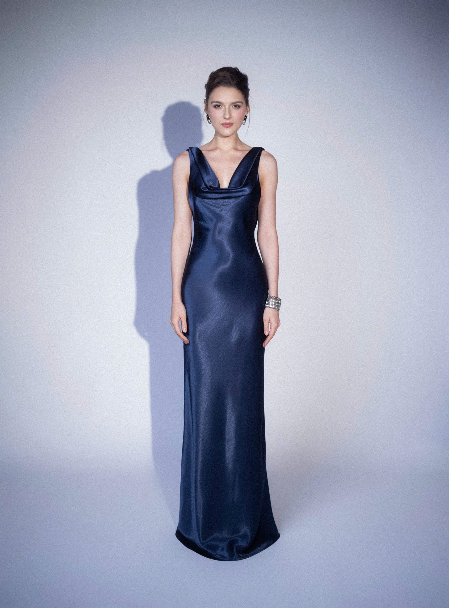 Form-fitting slip cowl neck sleeveless open-back floor-length evening dress