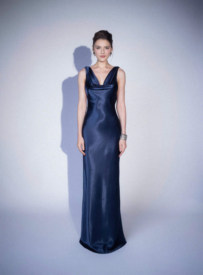 Form-fitting slip cowl neck sleeveless open-back floor-length evening dress
