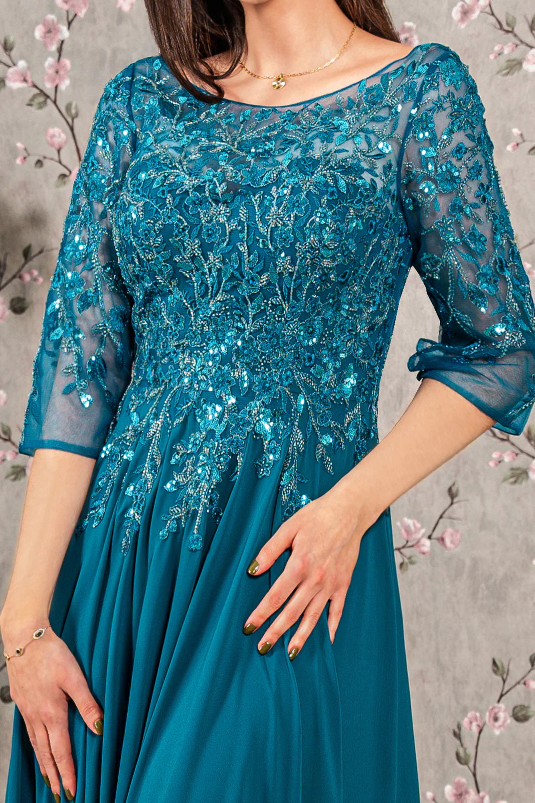 Pearl embroidery 3/4 sleeve chiffon long mother of the bride dress