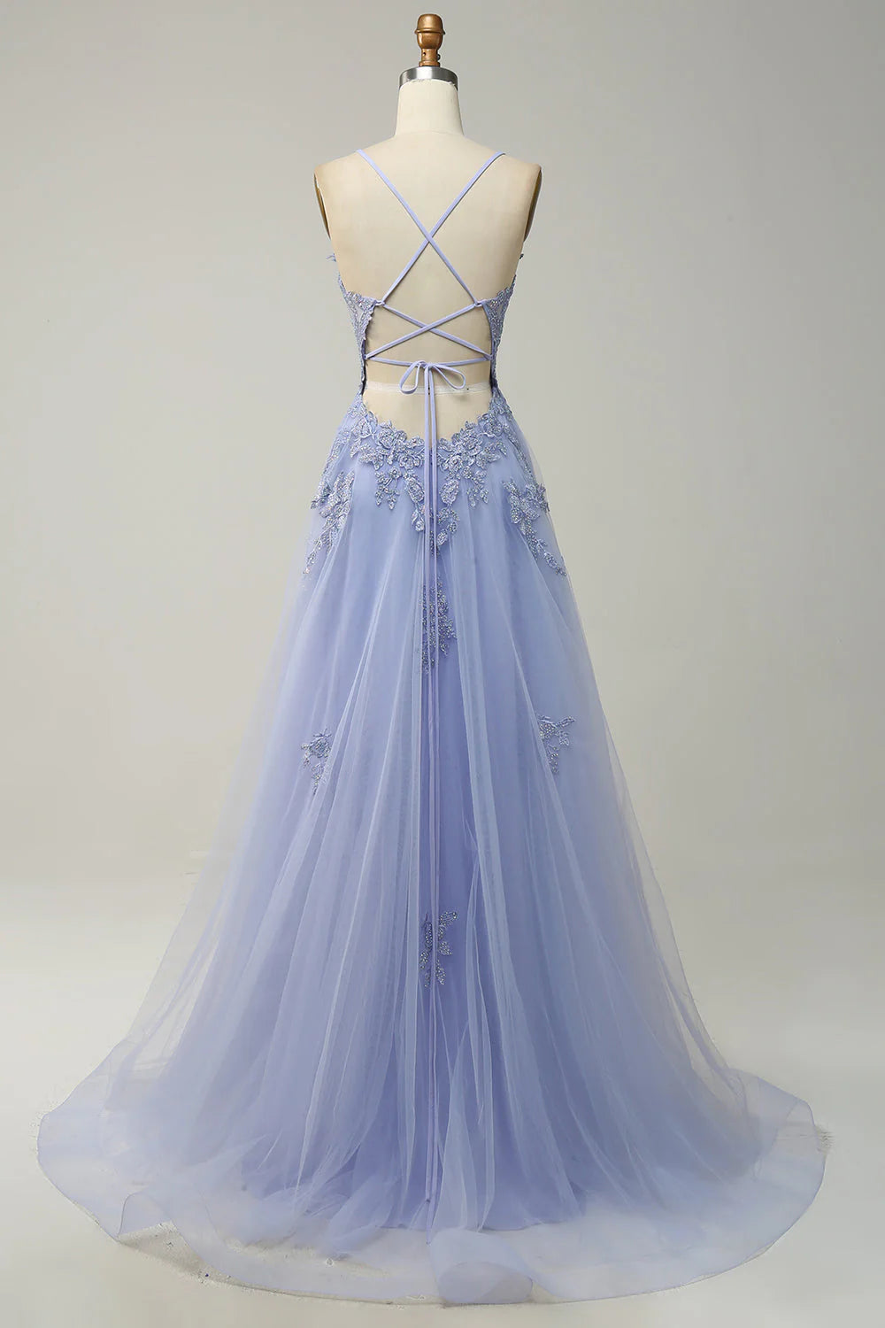 Thin shoulder strap A-shaped light purple long cross back prom dress