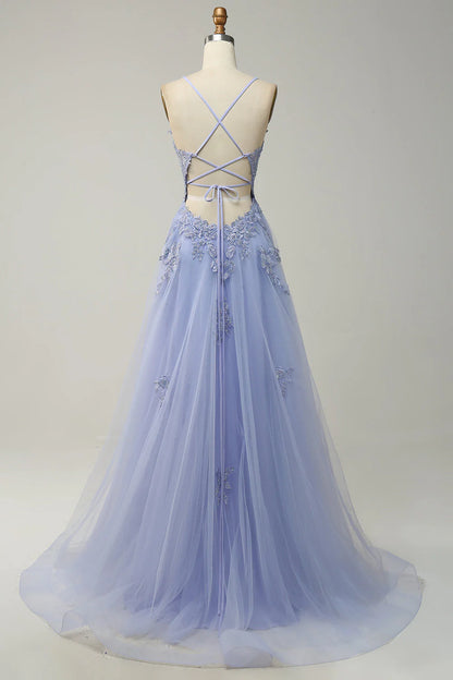Thin shoulder strap A-shaped light purple long cross back prom dress