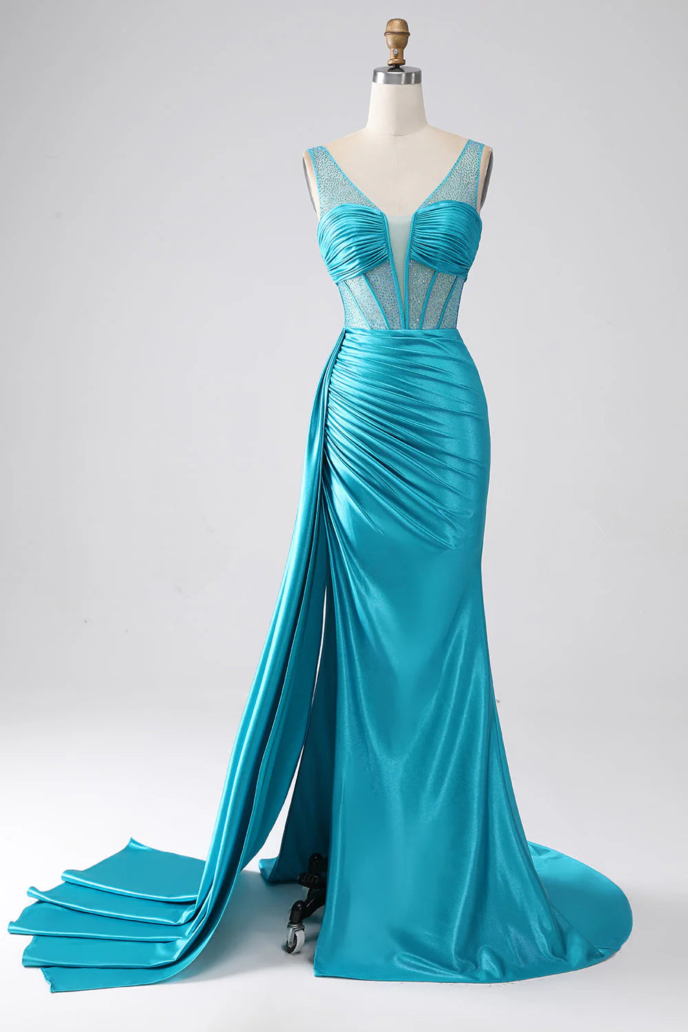 Turquoise fish tail V-neck sweeping floor pleated tight fitting corset beaded prom dress