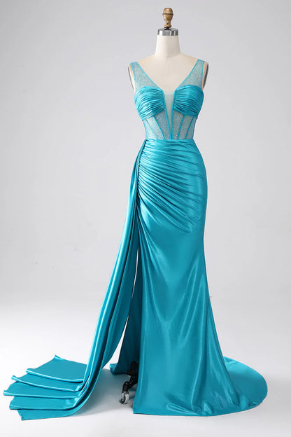 Turquoise fish tail V-neck sweeping floor pleated tight fitting corset beaded prom dress