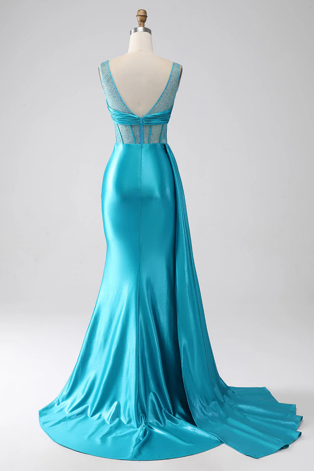 Turquoise fish tail V-neck sweeping floor pleated tight fitting corset beaded prom dress