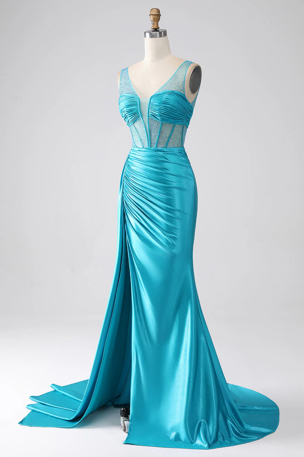 Turquoise fish tail V-neck sweeping floor pleated tight fitting corset beaded prom dress